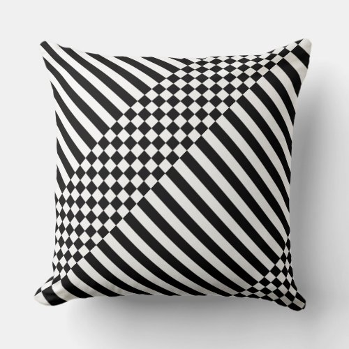 Elegant White Geometric Stripes  Checker Black Throw Pillow