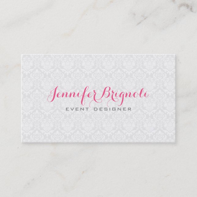 Elegant White Girly Floral Damasks Business Card (Front)