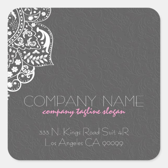 Elegant White Girly Lace Gray Floral Damask Square Sticker (Front)