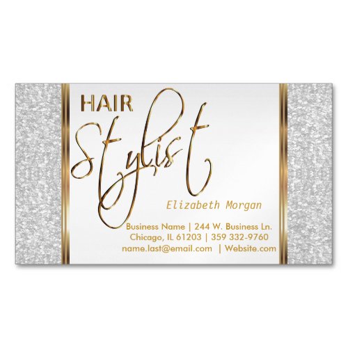 Elegant White Glitter and Gold _ Hair Stylist Magnetic Business Card