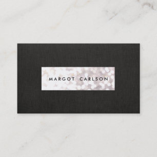 Elegant White Glitter Bokeh Black Linen Look Chic Business Card
