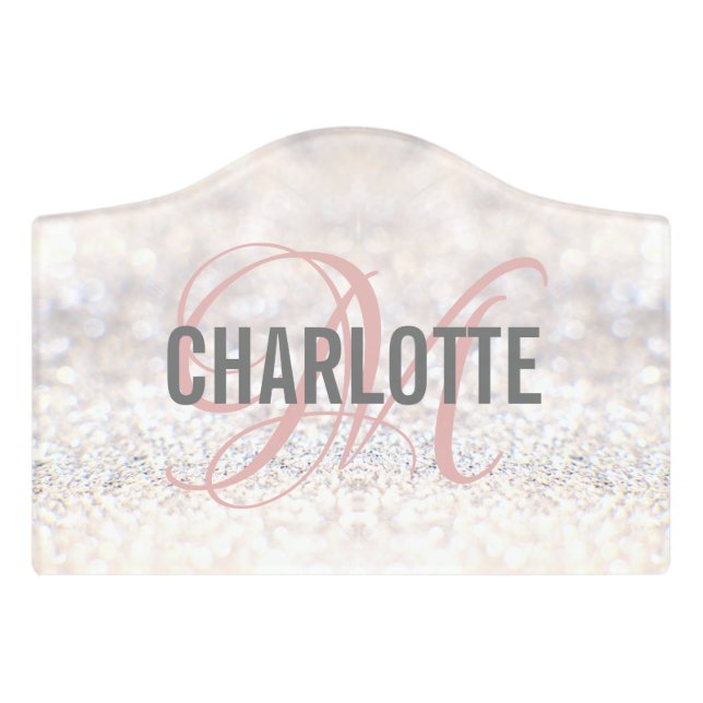 Elegant white glitter monogram name  door sign (Small Crest Front)