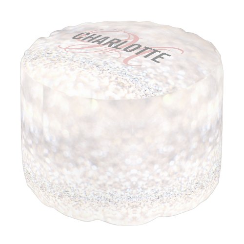 Elegant white glitter monogram name pouf