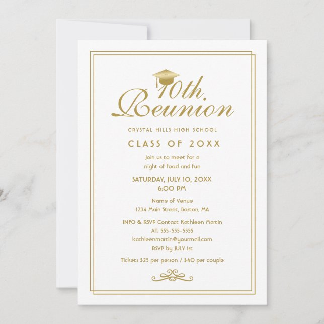 Elegant White Gold 10th Class Reunion Invitation (Front)