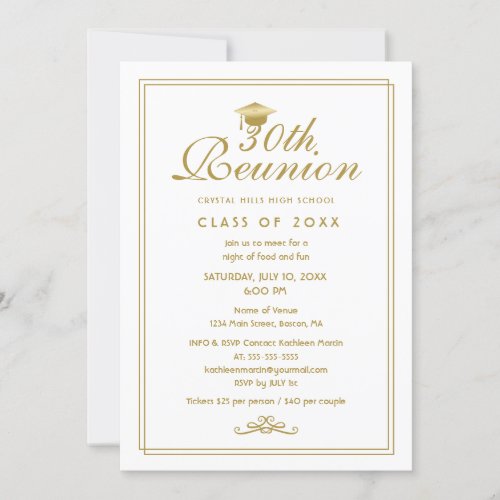 Elegant White Gold 30th Class Reunion Invitation