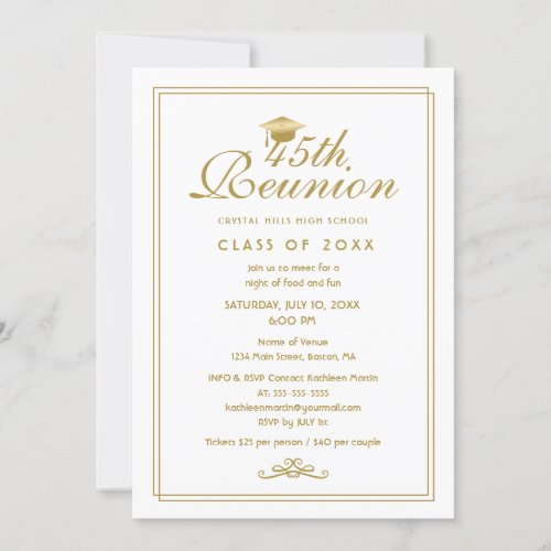 Elegant White Gold 45th Class Reunion Invitation