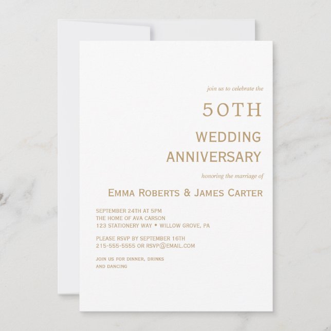 Elegant White & Gold 50th Anniversary  Invitation (Front)