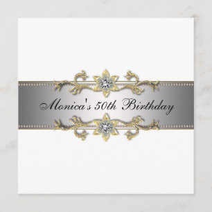Elegant White Gold 50th Birthday Invitation Fifty