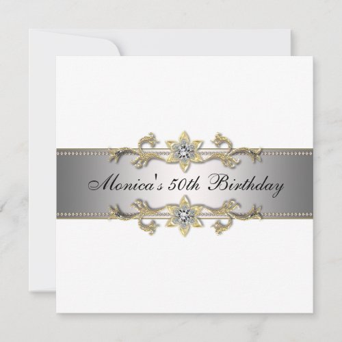 Elegant White Gold 50th Birthday Invitation Fifty