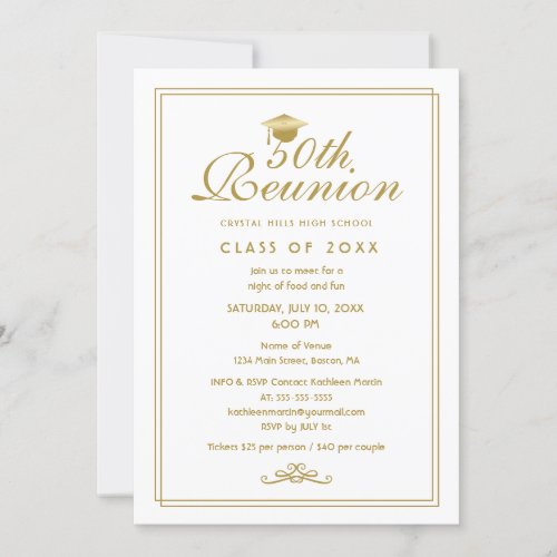 Elegant White Gold 50th Class Reunion Invitation