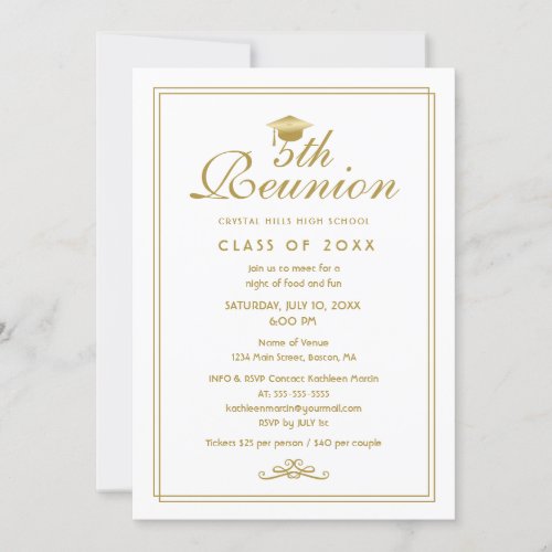 Elegant White Gold 5th Class Reunion Invitation