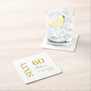 Elegant White & Gold 60th Birthday Cocktail Party Square Paper Coaster