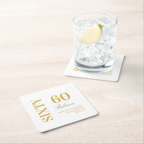 Elegant White  Gold 60th Birthday Cocktail Party  Square Paper Coaster