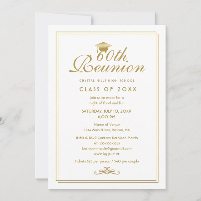 Elegant White Gold 60th Class Reunion Invitation (Front)