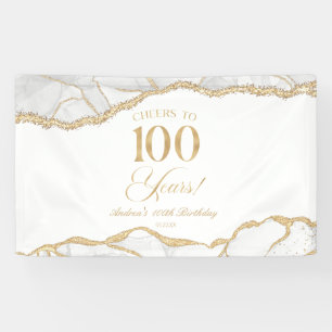 Elegant White Gold Agate 100th Birthday Party Banner