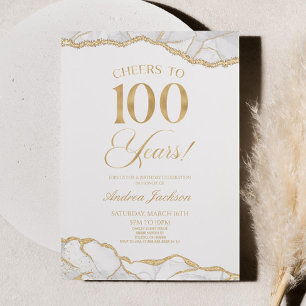 Elegant White Gold Agate 100th Birthday Party Invitation