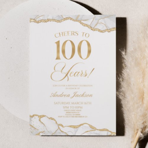 Elegant White Gold Agate 100th Birthday Party