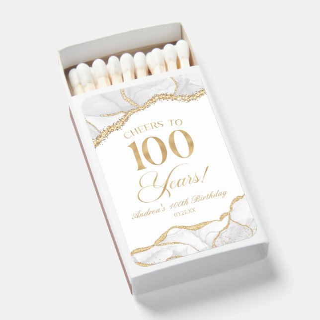 Elegant White Gold Agate 100th Birthday Party Matchboxes (Front Open)
