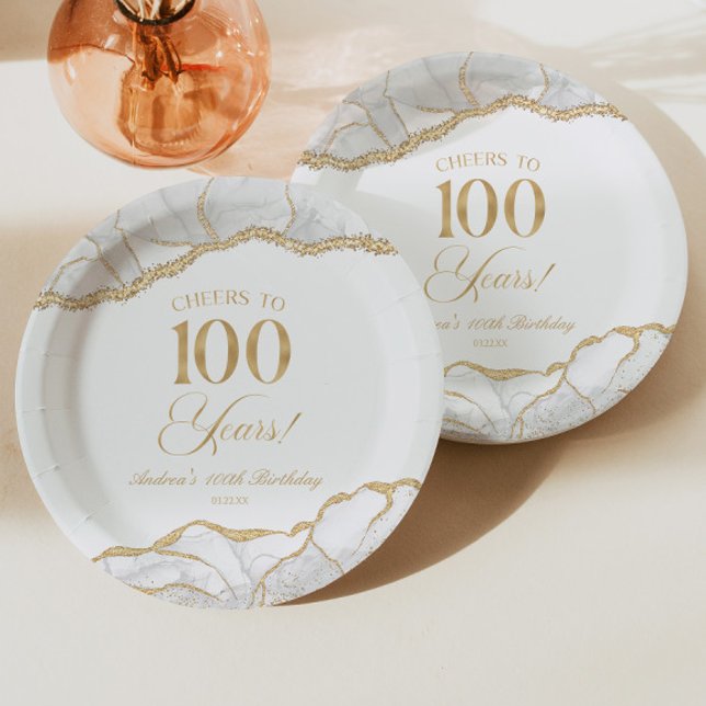 Elegant White Gold Agate 100th Birthday Party Paper Plates (Creator Uploaded)