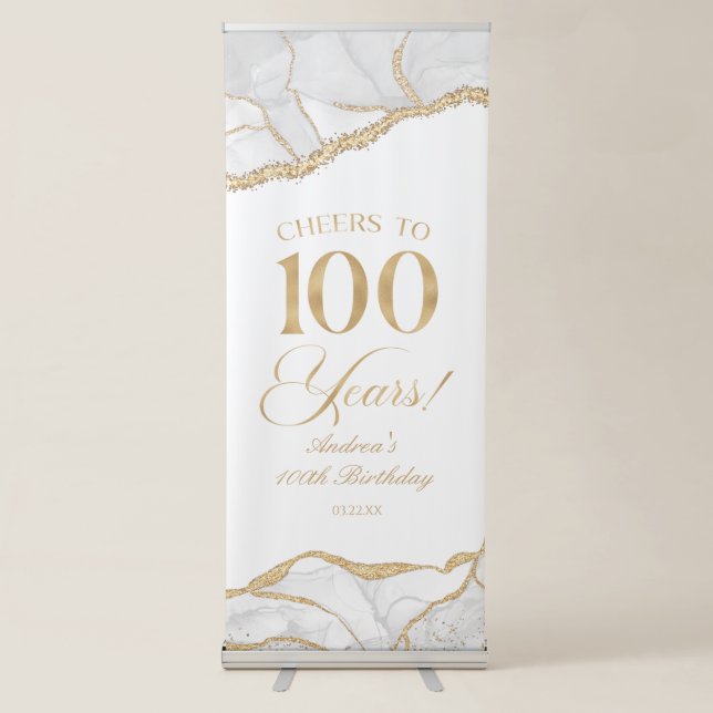 Elegant White Gold Agate 100th Birthday Party Retractable Banner (Front)