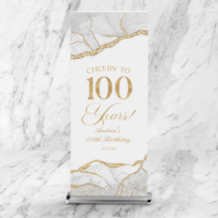 Elegant White Gold Agate 100th Birthday Party Retractable Banner
