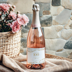 Elegant White Gold Agate 100th Birthday Party Sparkling Wine Label