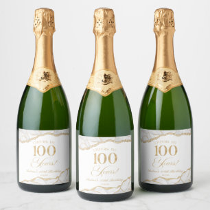 Elegant White Gold Agate 100th Birthday Party Sparkling Wine Label