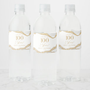 Elegant White Gold Agate 100th Birthday Party Water Bottle Label
