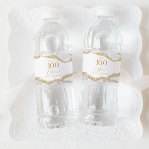 Elegant White Gold Agate 100th Birthday Party Water Bottle Label