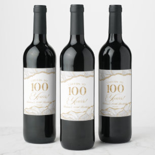 Elegant White Gold Agate 100th Birthday Party Wine Label