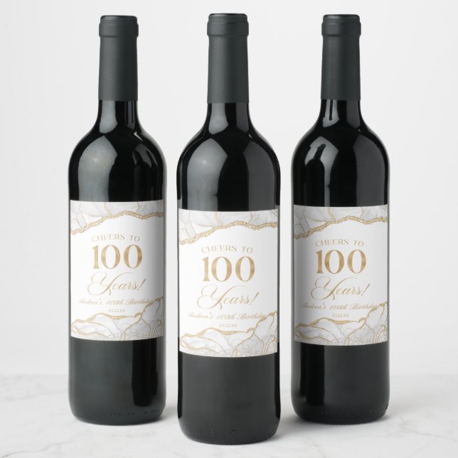 Elegant White Gold Agate 100th Birthday Party Wine Label (Bottles)