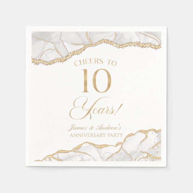 Elegant White Gold Agate 10th Anniversary Party Napkins (Front)