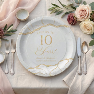 Elegant White Gold Agate 10th Anniversary Party Paper Plates