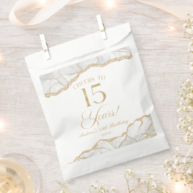 Elegant White Gold Agate 15th Birthday Party Favor Bag (Clipped)