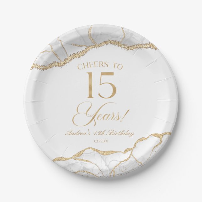 Elegant White Gold Agate 15th Birthday Party Paper Plates (Front)