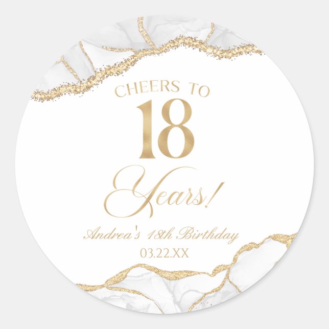 Elegant White Gold Agate 18th Birthday Party Classic Round Sticker (Front)