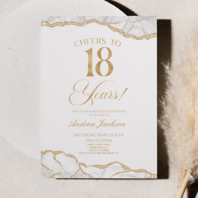 Elegant White Gold Agate 18th Birthday Party Invitation (Creator Uploaded)