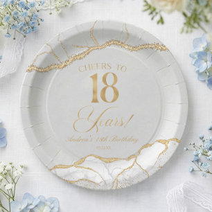 Elegant White Gold Agate 18th Birthday Party Paper Plates