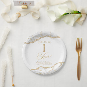 Elegant White Gold Agate 1st Anniversary Party Paper Plates