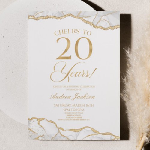 Elegant White Gold Agate 20th Birthday Party