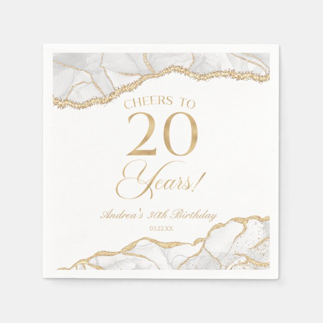 Elegant White Gold Agate 20th Birthday Party Napkins (Front)