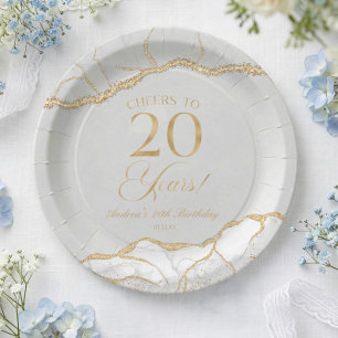 Elegant White Gold Agate 20th Birthday Party Paper Plates
