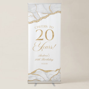 Elegant White Gold Agate 20th Birthday Party Retractable Banner