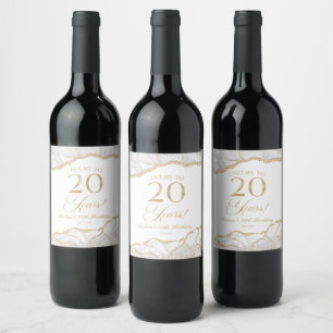 Elegant White Gold Agate 20th Birthday Party Wine Label
