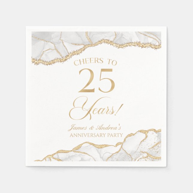 Elegant White Gold Agate 25th Anniversary Party Napkins (Front)