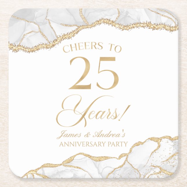 Elegant White Gold Agate 25th Anniversary Party Square Paper Coaster (Front)