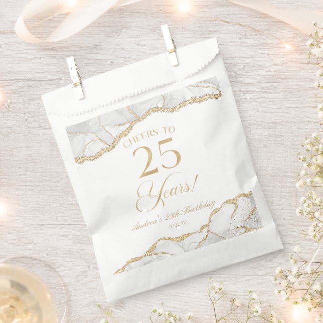 Elegant White Gold Agate 25th Birthday Party Favor Bag (Clipped)