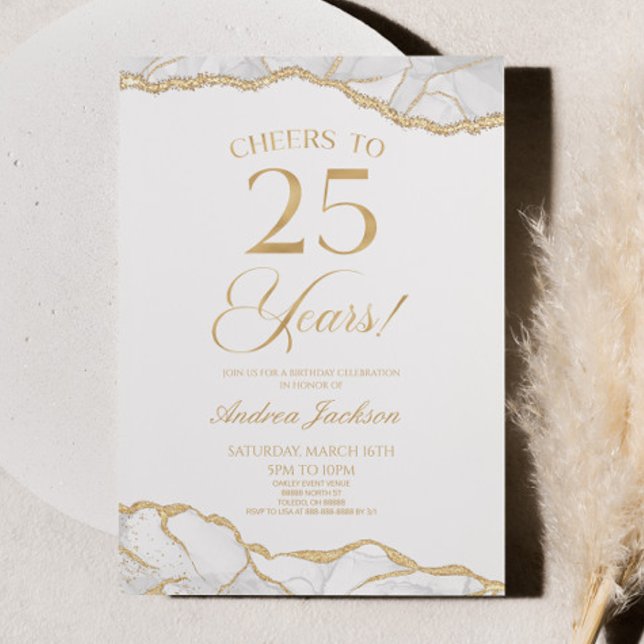 Elegant White Gold Agate 25th Birthday Party Invitation (Creator Uploaded)
