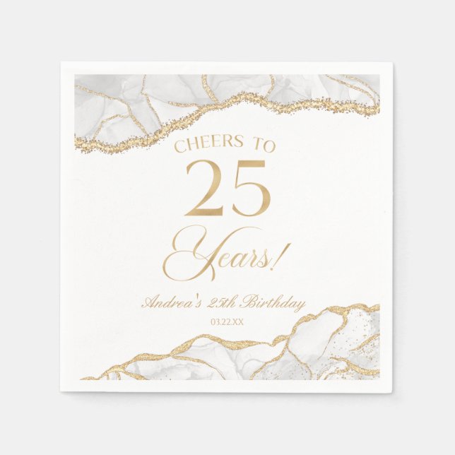 Elegant White Gold Agate 25th Birthday Party Napkins (Front)
