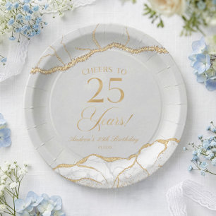 Elegant White Gold Agate 25th Birthday Party Paper Plates
